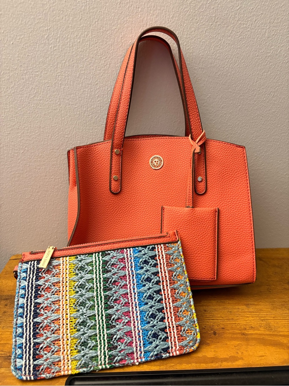 Anne Klein Coral Tote with Multicolor Woven Pouch